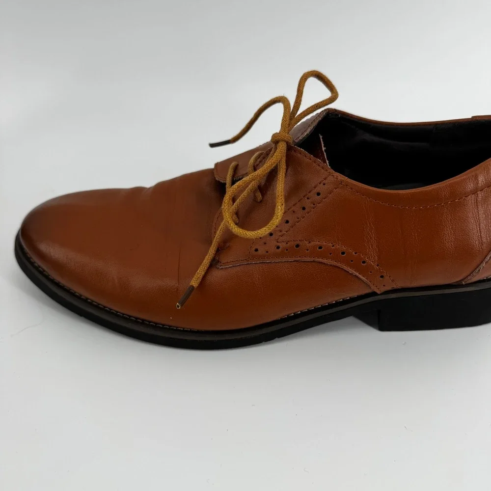 Tan Leather Derby Dress Shoes Almond Toe Brogue Detail Mens Size 245 /US 6.5